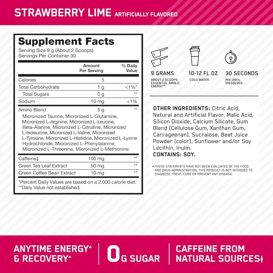 Optimum Nutrition Amino Energy - Pre Workout with Green Tea, BCAA, Amino Acids, Keto Friendly, Green Coffee Extract, Energy Powder - Strawberry Lime, 30 Servings 