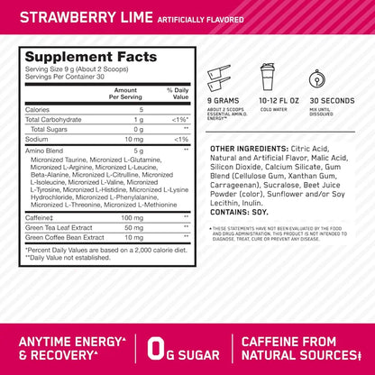 Optimum Nutrition Amino Energy - Pre Workout with Green Tea, BCAA, Amino Acids, Keto Friendly, Green Coffee Extract, Energy Powder - Strawberry Lime, 30 Servings 