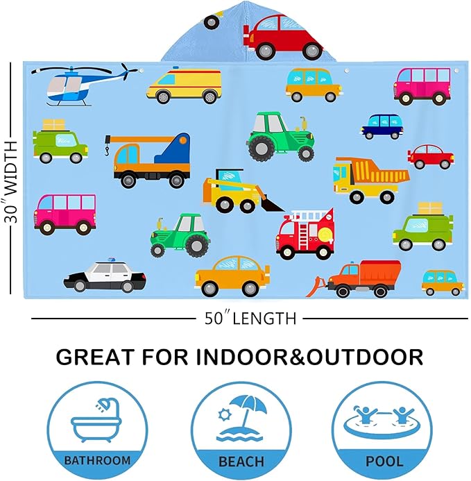 Blue Car Hooded Beach Towel for Kids, Cute Bath Towel with Hood, Boy Microfiber Super Absorbent Soft Poncho Bathrobe for Swin Pool 30”x50”