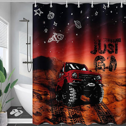 AILONEN Red Truck Shower Curtains,Galaxy Monster Truck Bath Curtains,Monster Jam Polyester Waterproof for Bathroom,72" W*78" H with 12 Plastic Hooks,Red