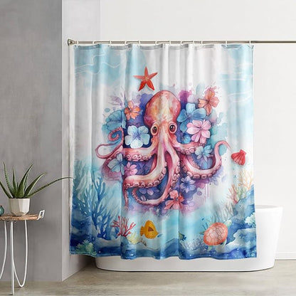 AILONEN Sea Octopuses Shower Curtain Set, Cartoon Octopus with Flowers Waterproof Fabric Shower Curtain,Watercolor Blue Ocean World Cloth Bath Curtain for Bathroom Decor with Hooks,72" Wx72 H