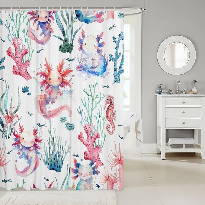 Feelyou Cartoon Axolotl Bathroom Waterproof Accessories with 12 Hooks Watercolor Salamander Fabric Shower Curtain for Kids Boys Girls Green Corals Shower Curtain Sealife Curtains,72X72 Inches