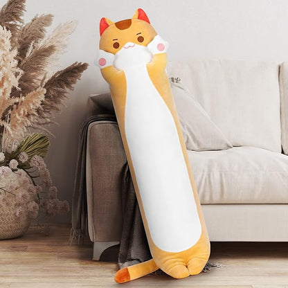 Long Cat Plush Kawaii Body Pillow, 44” Cute Brown Cat Stuffed Animals Soft Plushies, Orange Kitten Plush Throw Pillow Doll Toy Gift for Girlfriend