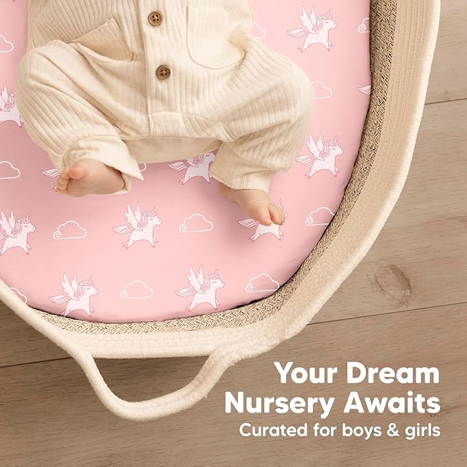 2-Pack Organic Bassinet Sheets for Girls, Boys - 100% Cotton Bassinet Mattress Sheets Compatible with Halo Bassinest Swivel Sleeper, Graco,Baby Delight,Chicco,Unisex Fitted Bassinet Sheets (Dreamland)