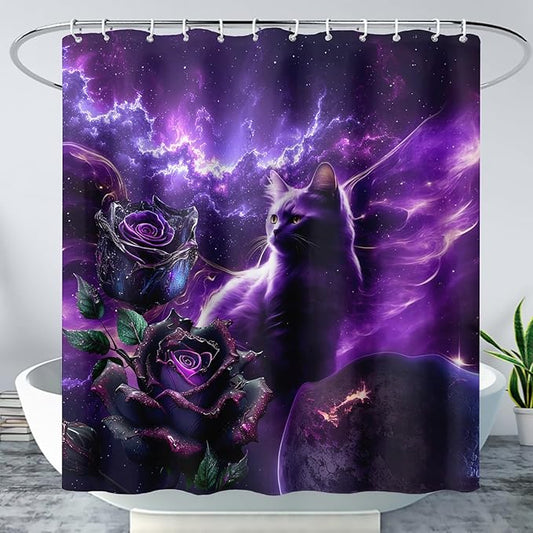AILONEN 3D Cat Shower Curtain Set, Oil Purple Rose with Black Cat Cloth Bath Curtain for Kids Boys Girls,Boho Starry Night Shower Curtain for Bathroom,72" W*84" H