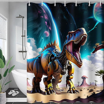 AILONEN Dinosaur Shower Curtain for Kids Boys Teens.Sky Blue Planet Dinosaur Bath Curtain for Bathroom,Machine Dinosaur Curtain Modern Polyester with 12 Plastic Hooks 72" W*72" H