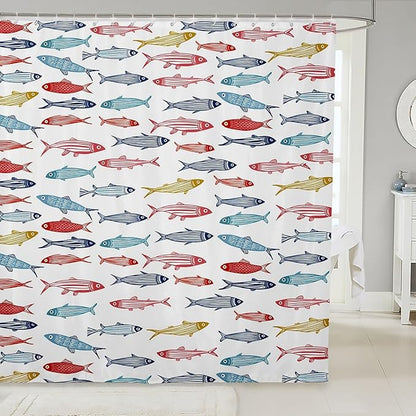 Feelyou Cartoon Fish Shower Curtain 72"x78" Kids Marine Life Sea Bathroom Shower Curtain Set for Boys Girls Teens Ocean Marine Themed Bath Curtain White Red Blue Yellow Bathroom Accessories