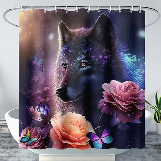 AILONEN Wolf Shower Curtain,Butterfly Flower Wolf Bath Curtain for Kids Boys Girls,Polyester Waterproof for Bathroom with 12 Plastic Hooks 72" W*78" H