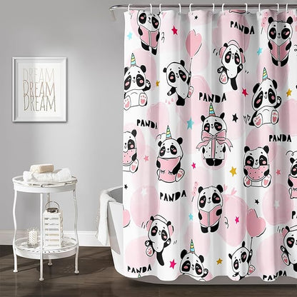 AILONEN Panda Shower Curtain for Bathroom, Cute Kawaii Panda Kids Bathroom Curtain,Pink Cartoon Bath Curtain 48" W*72" H Polyester Waterproof Bathroom Curtain with 12 Hooks