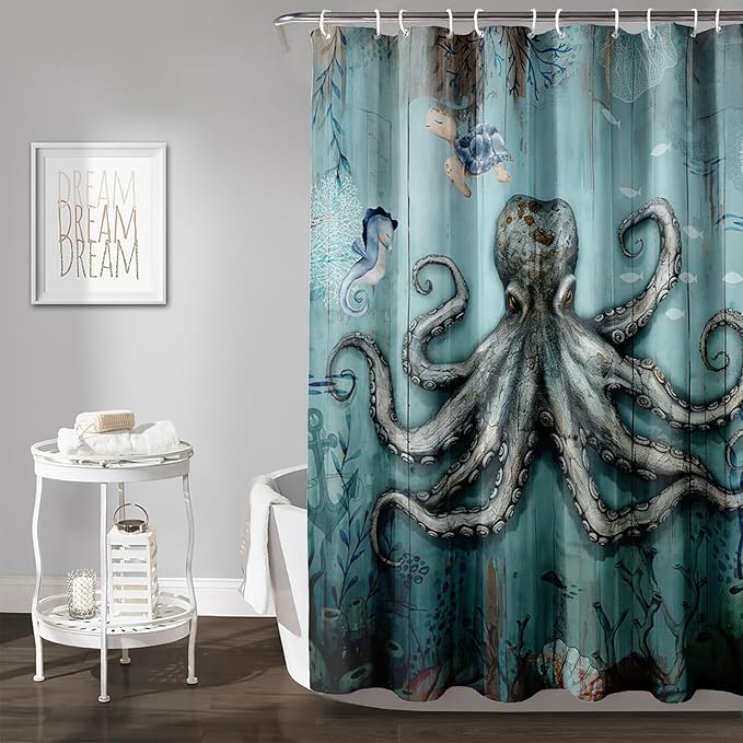 AILONEN 3D Ocean Octopus Shower Curtain Set for Bathroom,Sea Turtle Seahorse Animal Bath Curtain,Ocean Theme Waterproof Fabric Shower Curtain with Hooks,60" W*72" H