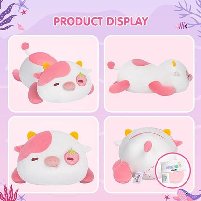 Cute Cow Plush Pillow, Kawaii Plushies Strawberry Cow Stuffed Toys, Squishy Plushies, Cuddle Plush Pillow for Boys & Girls