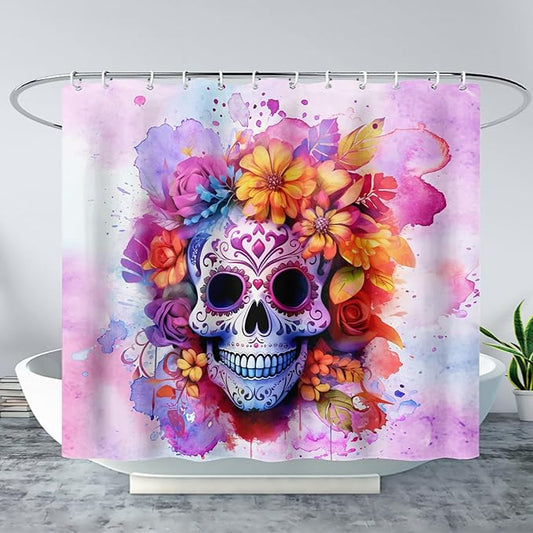 AILONEN Sugar Skull Shower Curtain for Bathroom,Pink Purple Graffiti Flower Art Bathroom Curtain for Kids Girls Teen,Bath Curtain 72" W*84" H Polyester Waterproof Bathroom Curtain with 12 Hooks