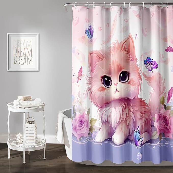 AILONEN Cute Cat Shower Curtain for Kids Boys,Kawaii Kitten and Butterfly Fabric Shower Curtains for Bathroom,Big Eye Pink Cat Polyester Cloth Bath Curtain Set, 72" W*72" H Pink