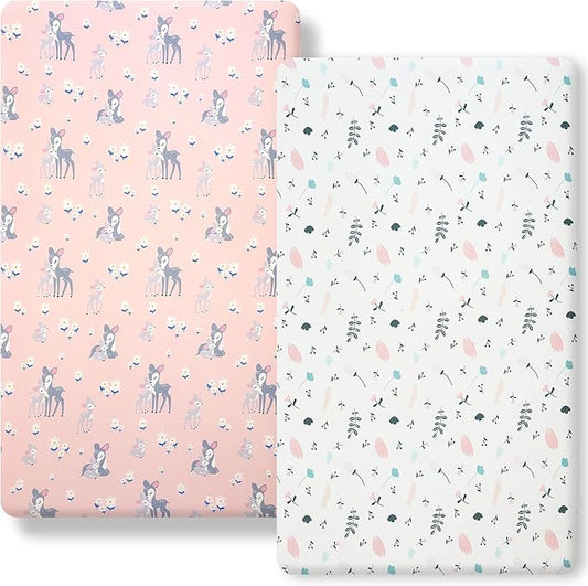 Pack n Play Fitted Sheet. 2 Piece Mini Crib Sheet. Elastic Playard Sheet. Portable Sheet Set. Elastic Convertible Playard Set. Compatible with Graco Pack n Play. (Leaves & Deer)