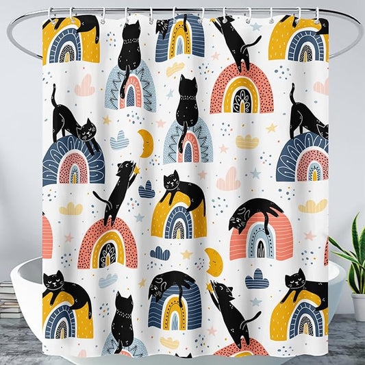 AILONEN Cat Shower Curtain, Rainbow Cat Bath Curtain,Cute Black Cat Bathroom Curtain Decor,Cat Lover Polyester Waterproof 72" W*72" H Shower Curtain (12 Hooks)