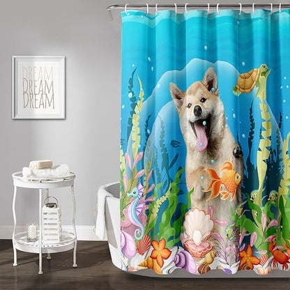 AILONEN Cute Dog Shower Curtain for Boys Girls, Pet Puppy Dog Lover Shower Curtain, 60" W*72" H Waterproof Animal Turtle Fish Ocean Themed Shower Curtain Decor Bathroom with Grommets and Hooks
