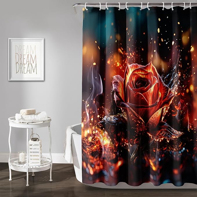 AILONEN 3D Rose Shower Curtain for Bathroom, Romantic Flame Smoky Rose Flower Bath Curtain,Burning Rose Shower Curtain Decoration Waterproof with 12 Plastic Hooks, 72" W*84" H