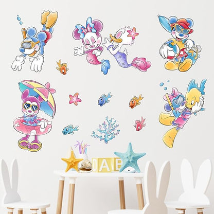 Mfault Summer Cartoon Mouse Wall Decal Stickers, Under The Sea Duck Mermaid Fish Coastal Ocean Nursery Decoration Bedroom Art, Beach Nautical Coral Neutral Toddler Kids Baby Room Decor