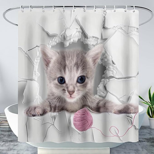 AILONEN 3D Kawaii Cat Shower Curtain, Beautiful Fuzzy Ball Kitten Shower Curtain for Kids Girls Boys Bathroom Decor,Cute Pet Animal Cat Lover Waterproof Shower Curtains Sets with Hooks,72" W*78" H
