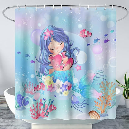 AILONEN Beautiful Mermaid Shower Curtain,Cute Mermaid Bath Curtain for Girls Teens,Ocean Curtain,Cartoon Fish Print Blue Waterproof Curtain for Bathroom Decor, 72" W x 96" H