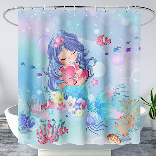 AILONEN Beautiful Mermaid Shower Curtain,Cute Mermaid Bath Curtain for Girls Teens,Ocean Curtain,Cartoon Fish Print Blue Waterproof Curtain for Bathroom Decor, 60" W x 72" H