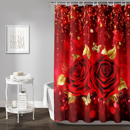 AILONEN Red Rose Shower Curtain for Bathroom,Romantic Rose Flower Waterproof Bath Curtain,Girls Women Curtain Bathroom Decor 72" W x 72" H with 12 Plastic Hooks