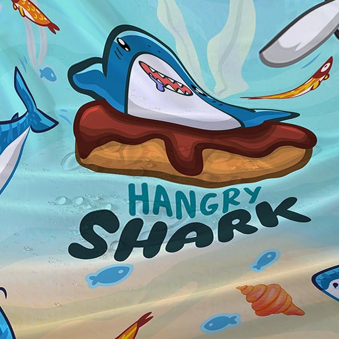 AILONEN Cartoon Shark Shower Curtain,Kawaii Donut Shark with Marine Life Bath Curtain Set for Kids Girls Boys,Fish Seaweed Fabric Shower Curtains for Bathroom, 60" W*72" H