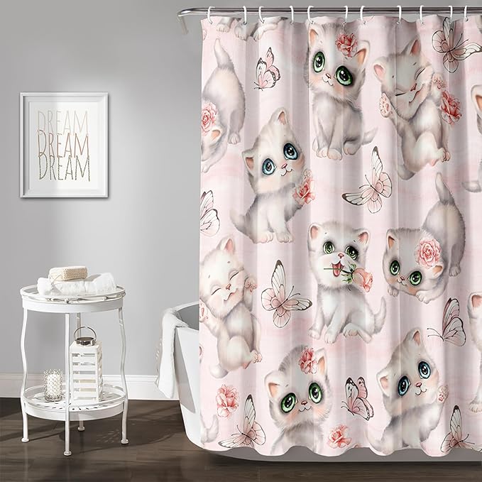 AILONEN Cat Kids Shower Curtain 72" W*78" H for Girls Teen,Kawaii Cat Butterfly Bath Curtain,Girls Pink Shower Curtain,Cat Lover Bathroom Curtain Decor Polyester Waterproof Curtain with 12 Hooks