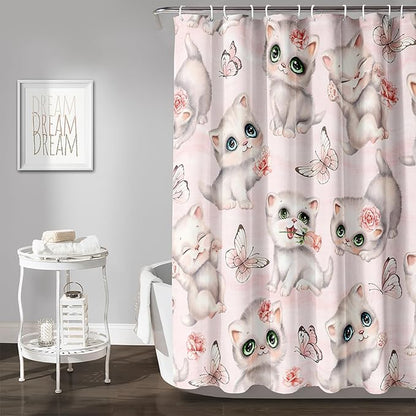 AILONEN Cat Kids Shower Curtain 72" W*78" H for Girls Teen,Kawaii Cat Butterfly Bath Curtain,Girls Pink Shower Curtain,Cat Lover Bathroom Curtain Decor Polyester Waterproof Curtain with 12 Hooks