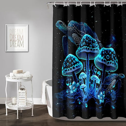 AILONEN Blue Magic Mushroom Shower Curtain,Cartoon Turtle Pattern Shower Curtain Set for Kids Girls Boys,Boho Style Bathroom Decor Shower Curtain with 12 Hooks,72" W*84" H
