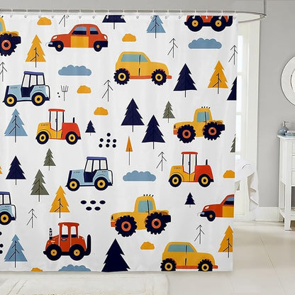 Feelyou Excavator Shower Curtain Cartoon Car Bathroom Shower Curtain Set Construction Vehicles Bath Curtain for Kids Boys Girls Equipment Trucks Kids Bathroom Accessories 72"x84"