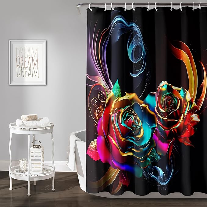 AILONEN Gold Rose Flower Shower Curtain for Kids Girls Teens,Butterfly Rose Flower Bath Curtain for Bathroom Decor,Romantic Polyester Waterproof with 12 Plastic Hooks 72" W*72" H