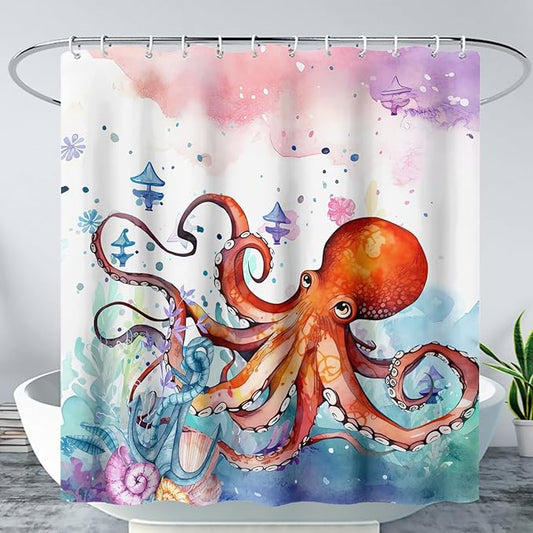 AILONEN Lovely Octopuses Shower Curtain Set, Red Cartoon Octopus Waterproof Fabric Shower Curtain for Bathroom,Watercolor Nautical Anchor Theme Cloth Bath Curtain with Hooks,72" Wx72 H