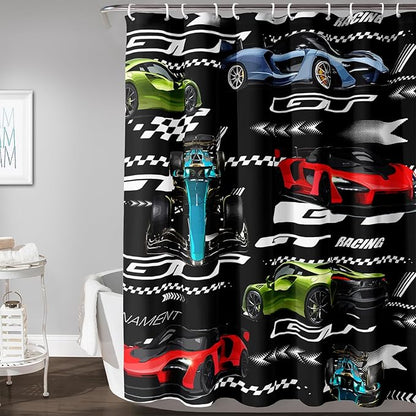 AILONEN Boys Racing Car Shower Curtain,Extreme Sports Car Bath Curtain for Kids Teen,Cool Speed Car Racer Waterproof Black Curtain for Bathroom Decor, 72" W x 84" H