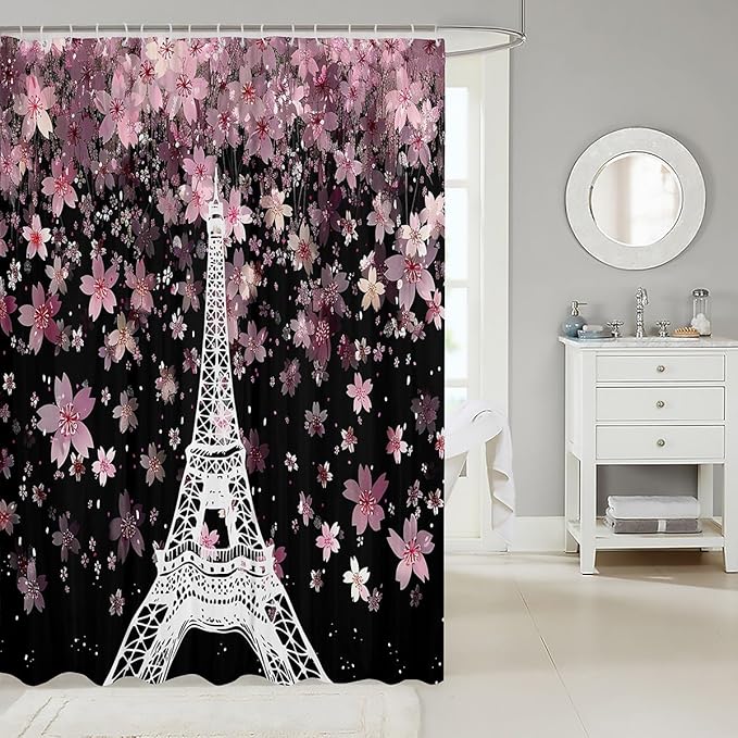 Feelyou Eiffel Tower Shower Curtain 72"x84" Kids Cherry Blossoms Bathroom Shower Curtain Set for Boys Girls Teens Romantic Paris Bath Curtain Floral Botanical Bathroom Accessories