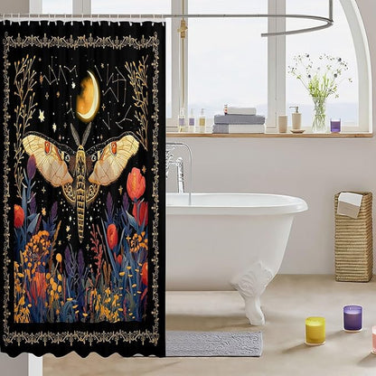 Feelyou Boho Golden Butterfly Fabric Shower Curtain Bohemian Moth Shower Curtain for Kids Moon Galaxy Black Bathroom Waterproof Accessories with 12 Hooks Flower Weed Botanical Curtains,72X72 Inches