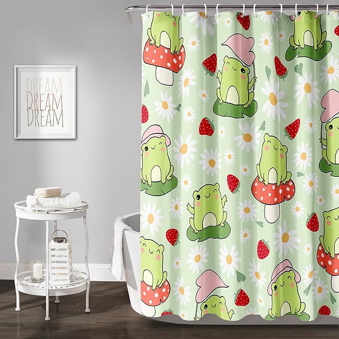 AILONEN Cute Frog Shower Curtain for Bathroom, Kawaii Strawberry and Frog Bath Curtain,Mushroom Frog Kids Girls Waterproof Curtain with 12 Plastic Hooks(48" W*72" H)