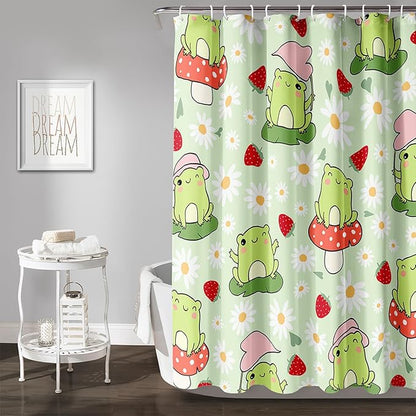 AILONEN Cute Frog Shower Curtain for Bathroom, Kawaii Strawberry and Frog Bath Curtain,Mushroom Frog Kids Girls Waterproof Curtain with 12 Plastic Hooks(48" W*72" H)