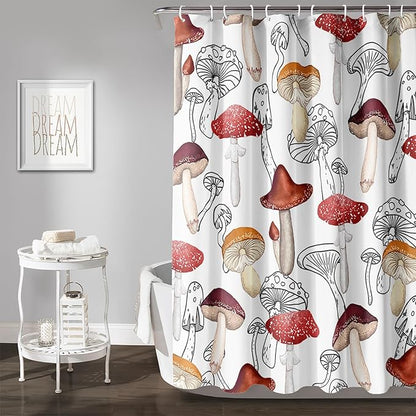 AILONEN Cartoon Mushroom Shower Curtain,Modern Shabby Chic Plants Fungus Themed Waterproof Bath Curtain,Minimalist Curtain for Bathroom Decor, 72" W x 84" H