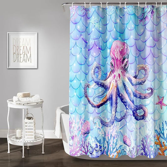AILONEN Cartoon Octopus Shower Curtain 60"W*72"H For Bathroom, Ocean Coral Shell Fish Scale Print Bathroom Curtain for Kids Girls Women Bath Curtain Polyester Waterproof Shower Curtain With 12 Hooks