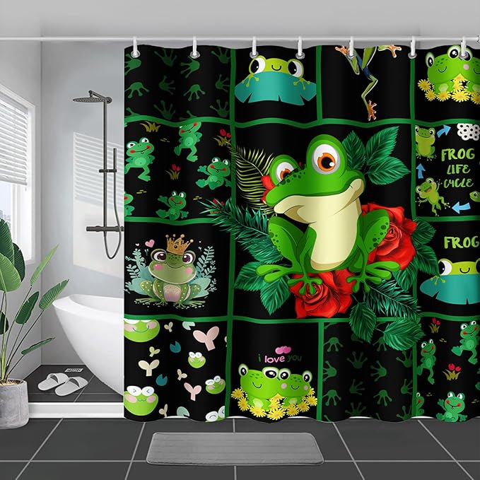 AILONEN Cartoon Frog Shower Curtain 72" W*78" H,Funny Frog Cartoon Green Animal Shower Curtain,Frog Lover Curtain Bathroom Decor Shower Curtain with 12 Hooks