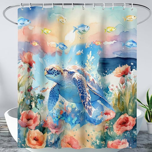 AILONEN Sea Turtle Shower Curtain,Watercolor Sea Turtle Bath Curtain for Girls Girls,Ocean Animal Fish Tie Dye Flower Shower Curtain for Bathroom Decor Waterproof with 12 Plastic Hooks, 72" W*96" H
