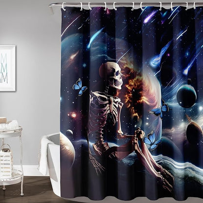 AILONEN Skull Shower Curtain for Kids,Solar System Skeleton Bath Curtain for Bathroom Decor,Galaxy Skull Polyester Waterproof with 12 Plastic Hooks for Boys Girls 48" W*72" H