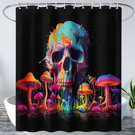 AILONEN Mushroom Skull Shower Curtain for Bathroom, 3D Oil Painting Mushroom Skull Bath Curtain for Kids Boys Girls,Modern Abstract Print Waterproof Black Curtain with 12 Plastic Hooks, 72" W*84" H