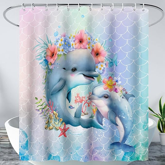 AILONEN Cute Dolphin Shower Curtain,Color Mermaid Scale Print Shower Curtain with 12 Plastic Hooks,Kawaii Ocean Dolphin Print Bath Curtain Decorative Waterproof 72" W*72" H