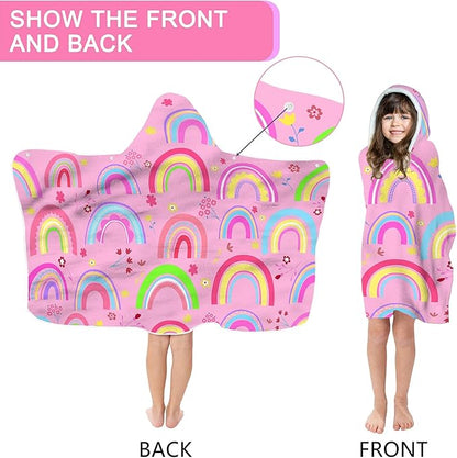 Rainbow Hooded Beach Towel for Kids Girls, Cute Unicorn Bath Towel with Hood, Pink Magic Rainbow Microfiber Super Absorbent Soft Poncho Bathrobe for Swin Pool 30”x50”