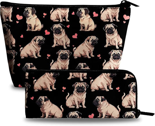 Pug Dog Makeup Bag for Purse - 2Pcs Cosmetic Bags Travel Toiletry Bags for Women Makeup Organizer Zipper Pouch