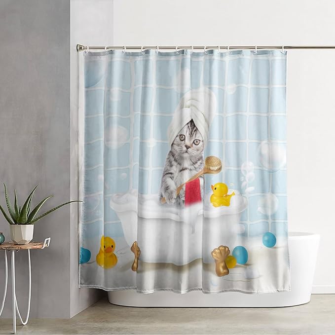 AILONEN 3D Bathtub Cat Shower Curtain for Kids 72" W*96" H Kawaii Shower Cat Shower Curtain,Polyester Waterproof Fabric Decor for Bathroom Bathtub Panels
