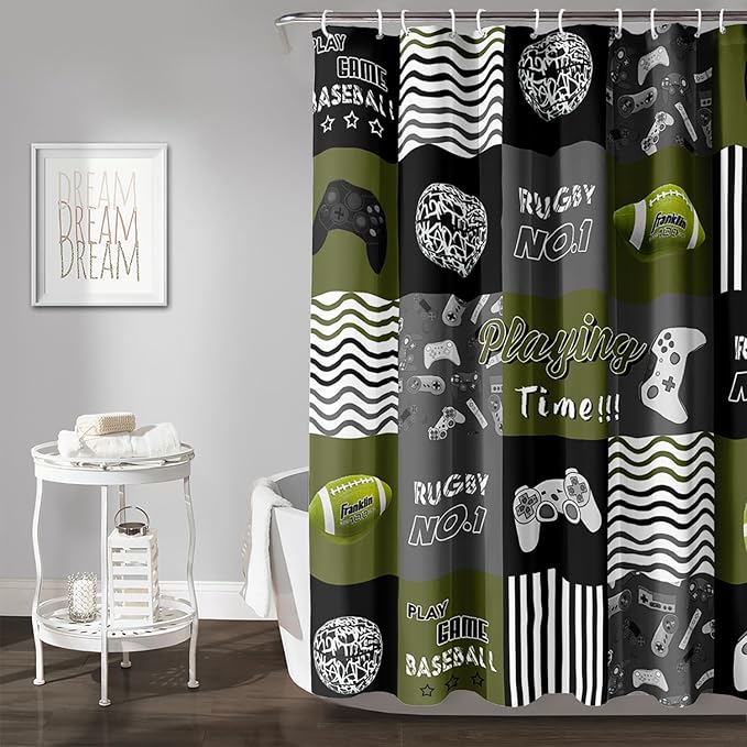 AILONEN Gamer Shower Curtain,Olive Green Ball Sports Waterproof Fabric Shower Curtain for Boys Kids Teens, 36" W*72" H Gaming Gamer Theme Shower Curtain Sets