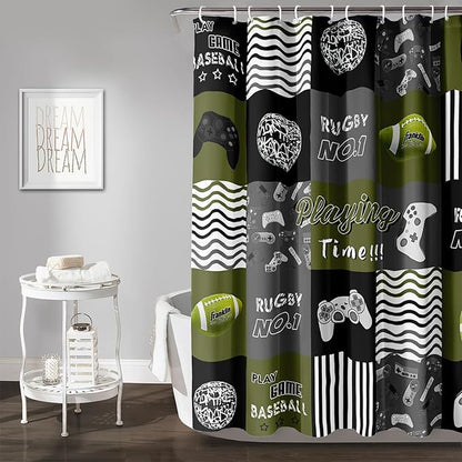 AILONEN Gamer Shower Curtain,Olive Green Ball Sports Waterproof Fabric Shower Curtain for Boys Kids Teens, 36" W*72" H Gaming Gamer Theme Shower Curtain Sets
